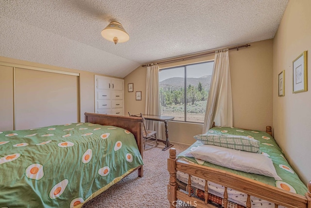 carpeted bedroom with a mountain view, a textured ceiling, and vaulted ceiling