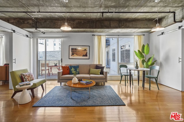 living room with a barn door and hardwood / wood-style flooring