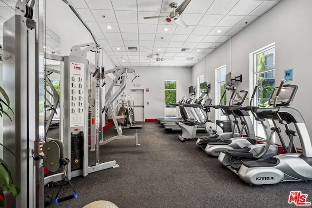 workout area with ceiling fan, a drop ceiling, and a healthy amount of sunlight