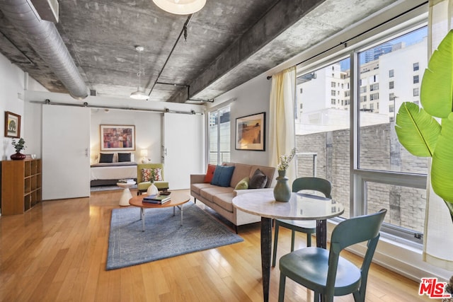 living room featuring a barn door and light wood-type flooring