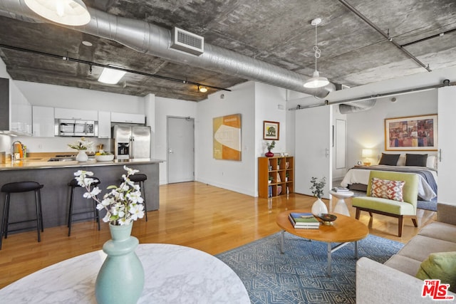 living room with light hardwood / wood-style floors, a barn door, and sink