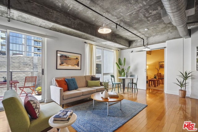 living room featuring a wealth of natural light and light wood-type flooring