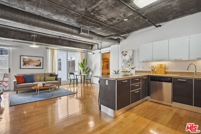 kitchen with dishwasher, dark brown cabinets, white cabinets, and light hardwood / wood-style floors