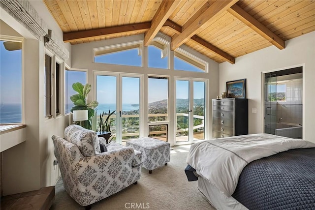 carpeted bedroom featuring a water view, wood ceiling, lofted ceiling with beams, and access to outside