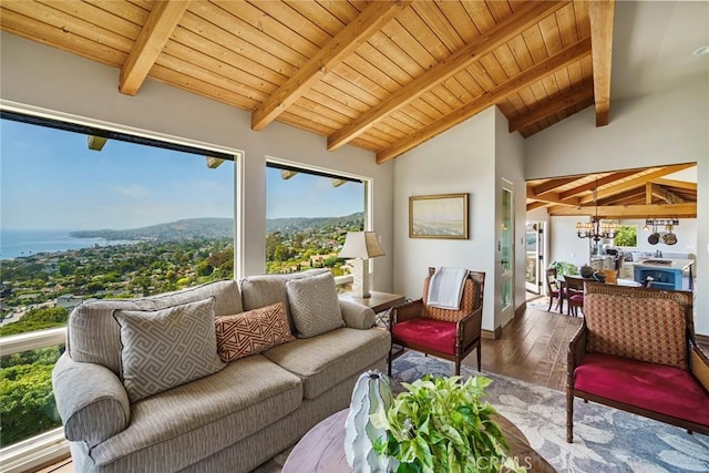 sunroom featuring lofted ceiling with beams, wooden ceiling, and a chandelier