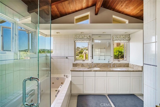 bathroom featuring plenty of natural light, a bath, vanity, and wooden ceiling