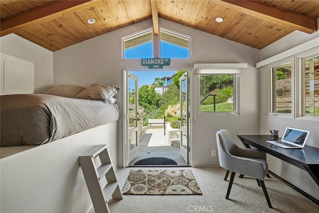 entryway with wooden ceiling, carpet, and vaulted ceiling with beams