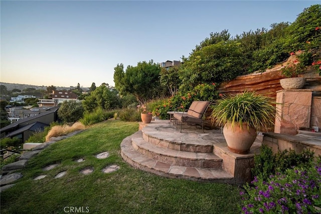 yard at dusk featuring a patio