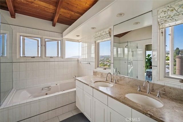 bathroom featuring tile patterned floors, wood ceiling, vanity, independent shower and bath, and beamed ceiling