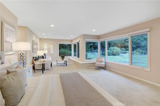 carpeted bedroom featuring multiple windows