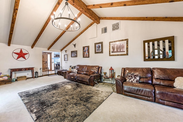 living room with beam ceiling, carpet, a notable chandelier, and high vaulted ceiling