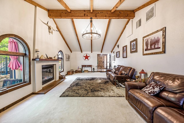 living room featuring high vaulted ceiling, plenty of natural light, and carpet flooring