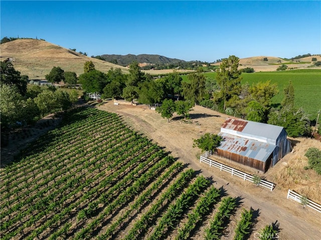 birds eye view of property featuring a mountain view and a rural view