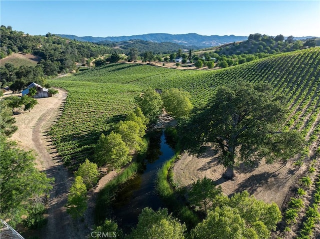 drone / aerial view featuring a mountain view and a rural view