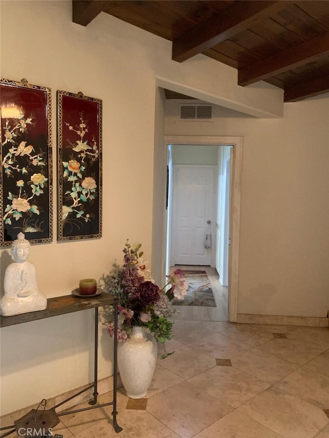 hallway with beam ceiling and wooden ceiling