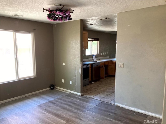 kitchen with light wood-type flooring, a textured ceiling, a wealth of natural light, and range