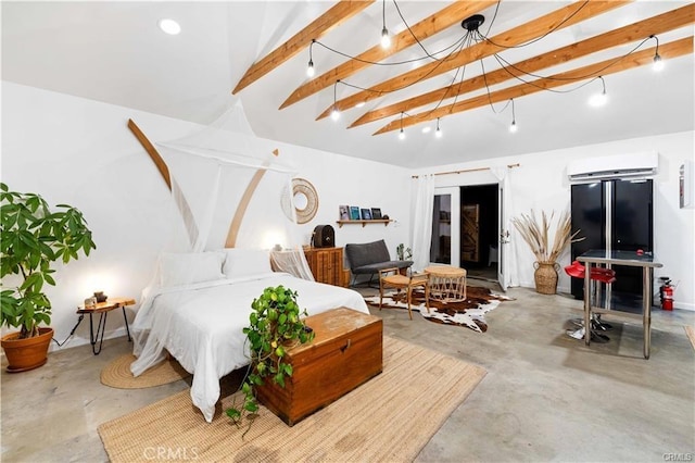 bedroom featuring lofted ceiling with beams, concrete floors, and a wall mounted air conditioner