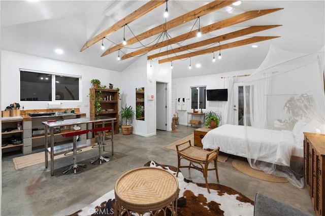 bedroom with high vaulted ceiling, concrete floors, and beam ceiling