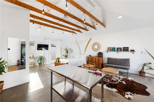 living room with baseboards, high vaulted ceiling, beam ceiling, and finished concrete floors