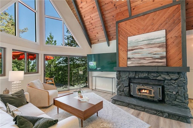 living room featuring wooden ceiling, high vaulted ceiling, wood walls, a fireplace, and hardwood / wood-style flooring