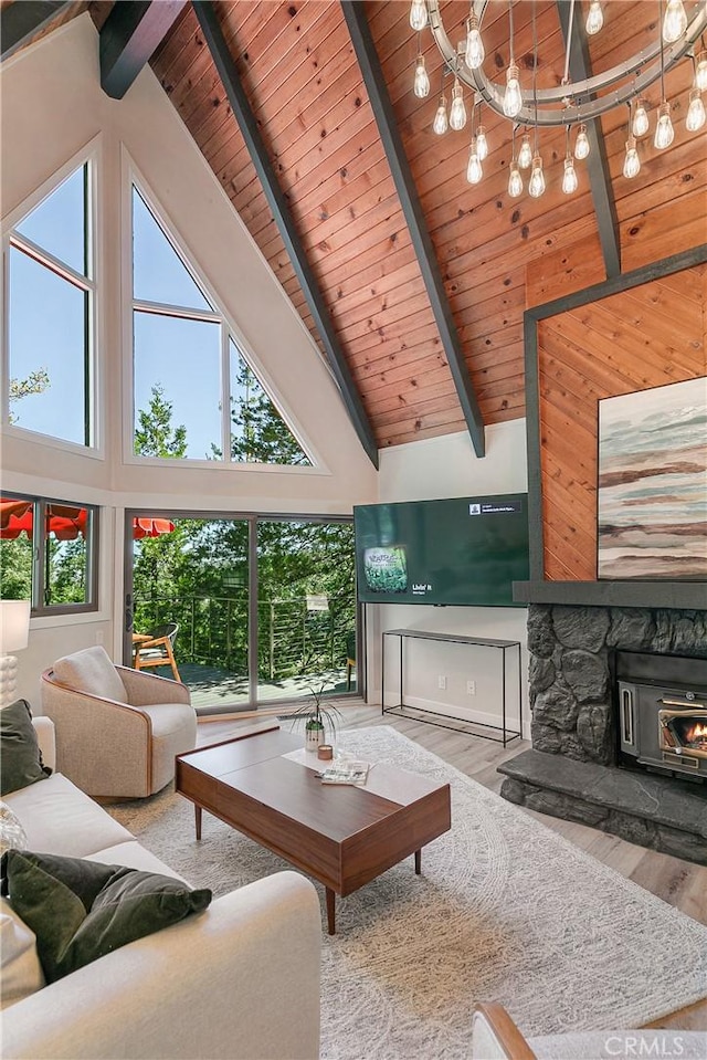 living room with hardwood / wood-style flooring, high vaulted ceiling, wooden ceiling, beamed ceiling, and a wood stove