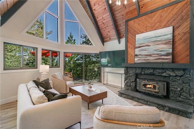 living room with beamed ceiling, high vaulted ceiling, a fireplace, wood ceiling, and light wood-type flooring