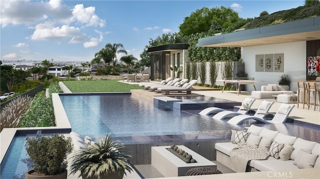 view of pool featuring a bar, a patio, and an outdoor hangout area