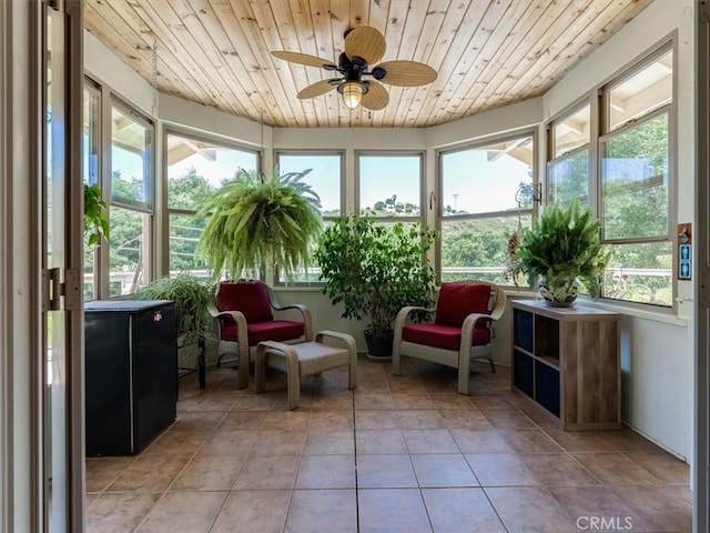 sunroom with ceiling fan and wood ceiling