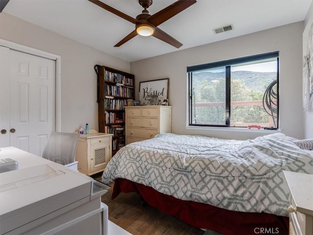 bedroom featuring ceiling fan, a closet, and hardwood / wood-style flooring