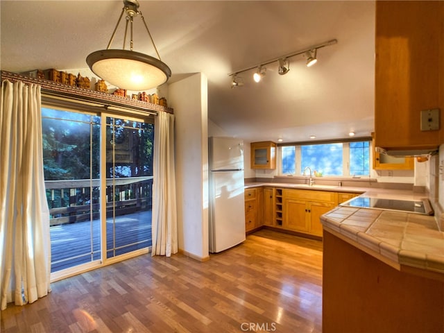 kitchen with track lighting, decorative light fixtures, tile counters, white fridge, and hardwood / wood-style flooring