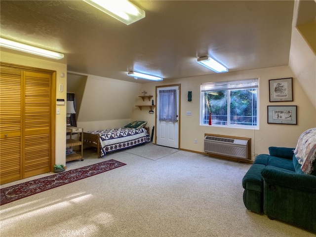 interior space with carpet floors and a wall mounted AC