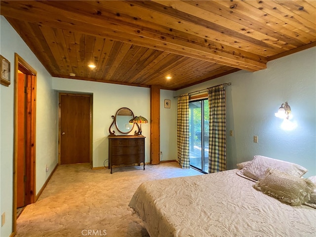 carpeted bedroom featuring access to outside and wood ceiling