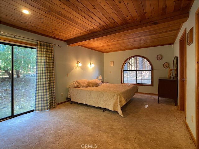 carpeted bedroom featuring beamed ceiling, multiple windows, wooden ceiling, and access to outside