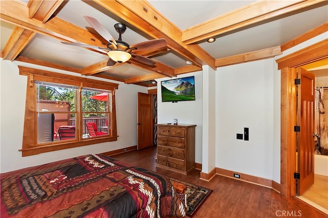 bedroom with dark hardwood / wood-style floors, beamed ceiling, ceiling fan, and coffered ceiling