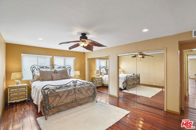 bedroom featuring dark wood-type flooring, two closets, and ceiling fan