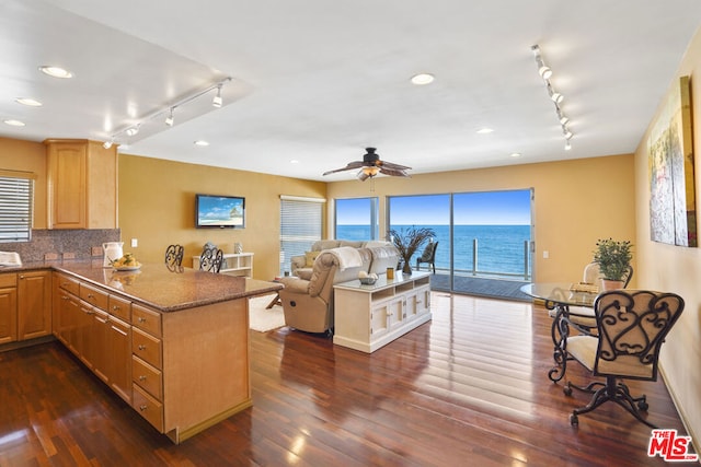 kitchen with track lighting, a water view, tasteful backsplash, and kitchen peninsula