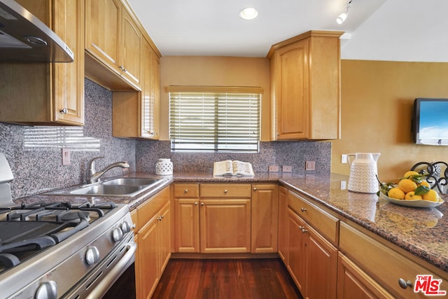 kitchen featuring sink, stainless steel gas stove, ventilation hood, dark stone countertops, and dark hardwood / wood-style floors