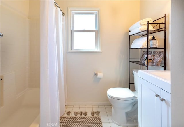 bathroom featuring vanity, tile patterned floors, toilet, and a shower with shower curtain