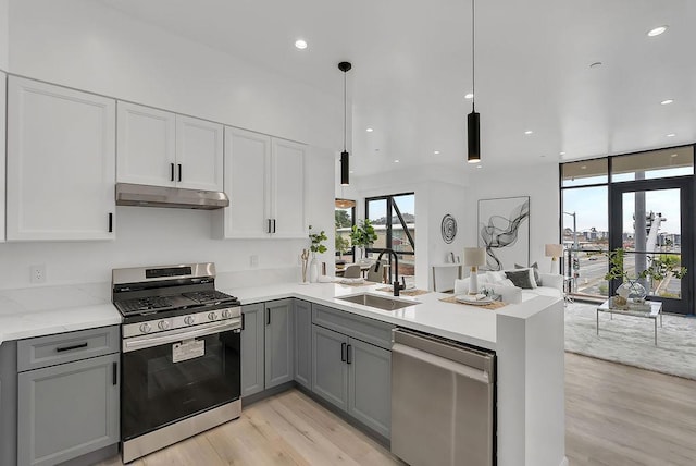 kitchen with kitchen peninsula, appliances with stainless steel finishes, gray cabinetry, hanging light fixtures, and sink