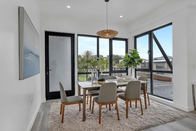 dining space with light hardwood / wood-style flooring