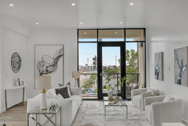 living room featuring a wall of windows and light wood-type flooring