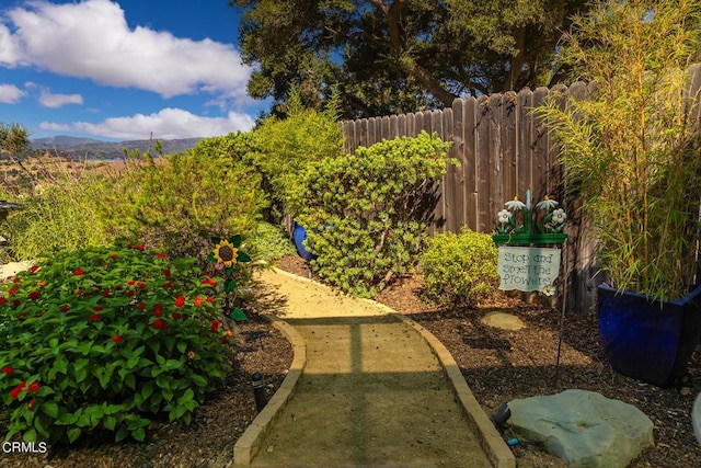 view of yard featuring a mountain view and fence
