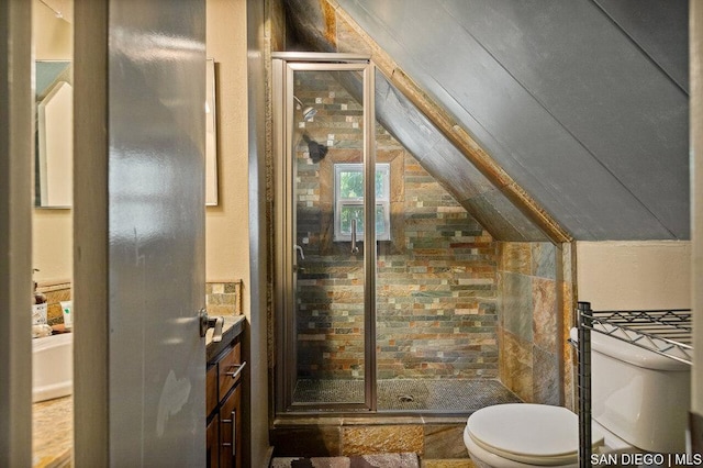 bathroom with toilet, vanity, lofted ceiling, and walk in shower