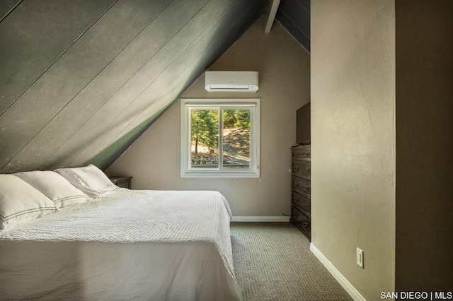 carpeted bedroom with a wall unit AC and vaulted ceiling