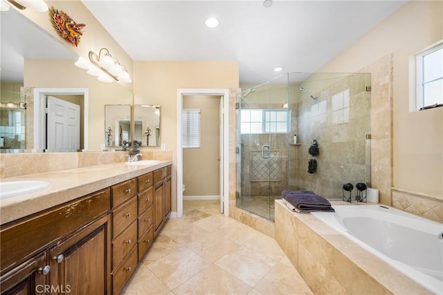 full bathroom with toilet, vanity, separate shower and tub, and tile patterned flooring