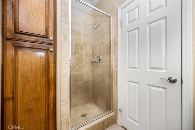 bathroom featuring a shower with door