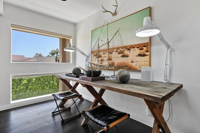 dining space with dark hardwood / wood-style floors and a healthy amount of sunlight