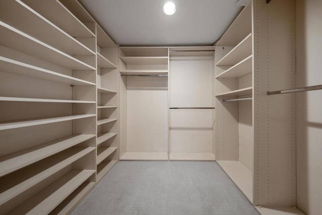 walk in closet with light carpet