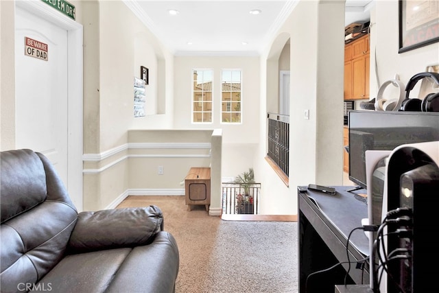 office area featuring carpet floors and ornamental molding