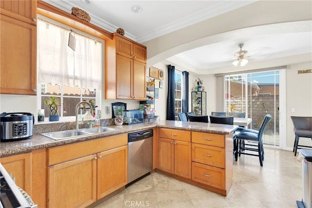 kitchen featuring sink, kitchen peninsula, light tile patterned floors, dishwasher, and ceiling fan